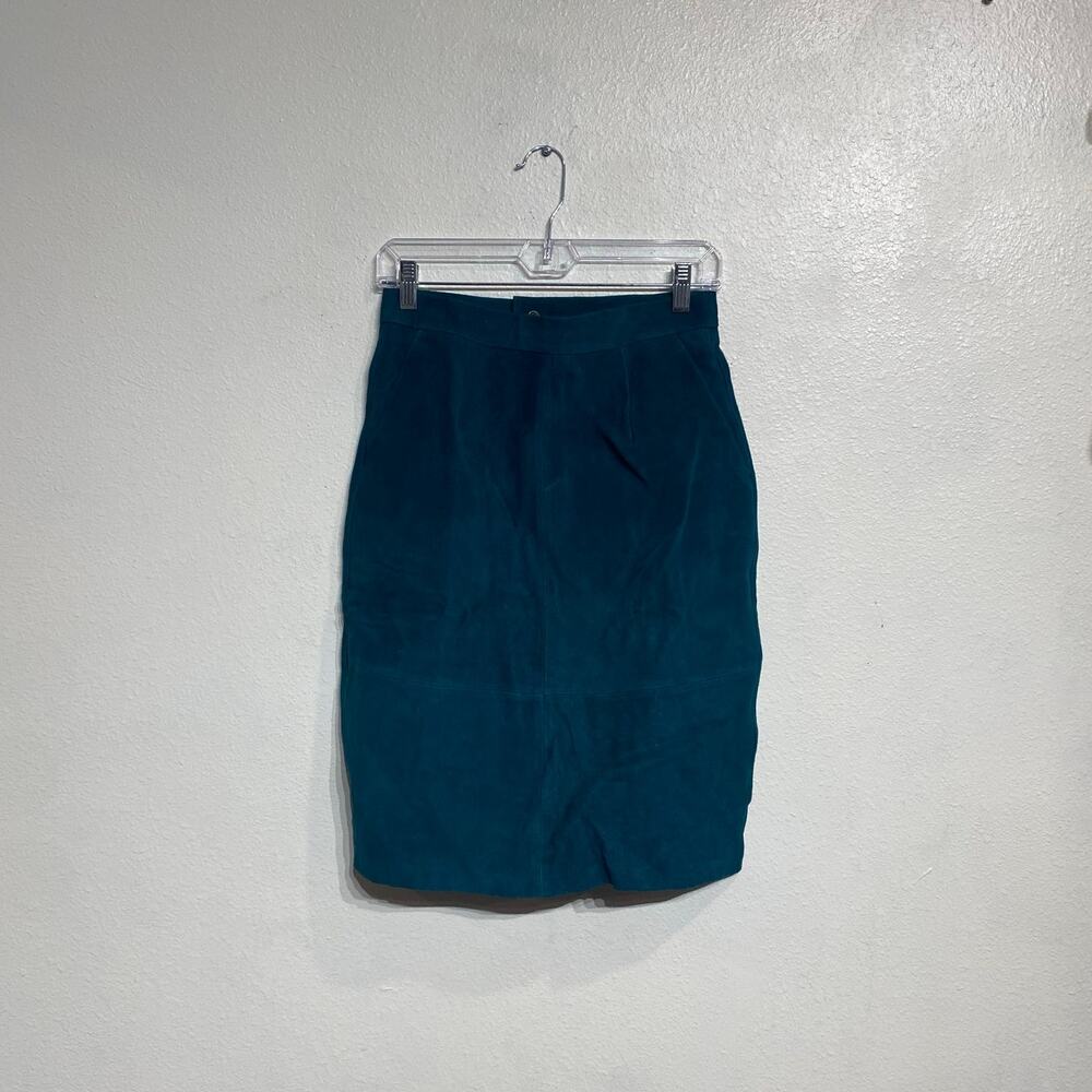 Fashion House Teal Suede Leather High Waist Mini Skirt Vintage Sz 10 - Picture 2 of 12